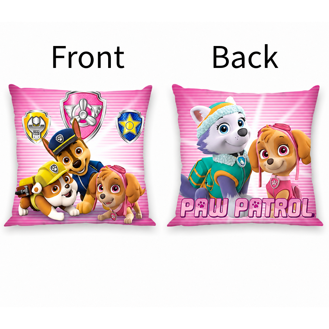 Freigestellte Produktansicht vom Paw Patrol Kissen Kuschelkissen Dekokissen 40 x 40 cm mit Beschriftung "Front" und "Back"