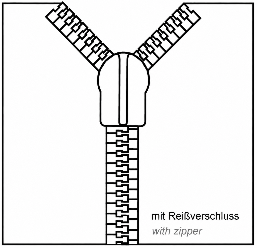 Schwarz‑weißes Symbol eines geöffneten Reißverschlusses mit Zähnen und Schieber. Hinweis auf Bettwäsche mit Reißverschluss.
