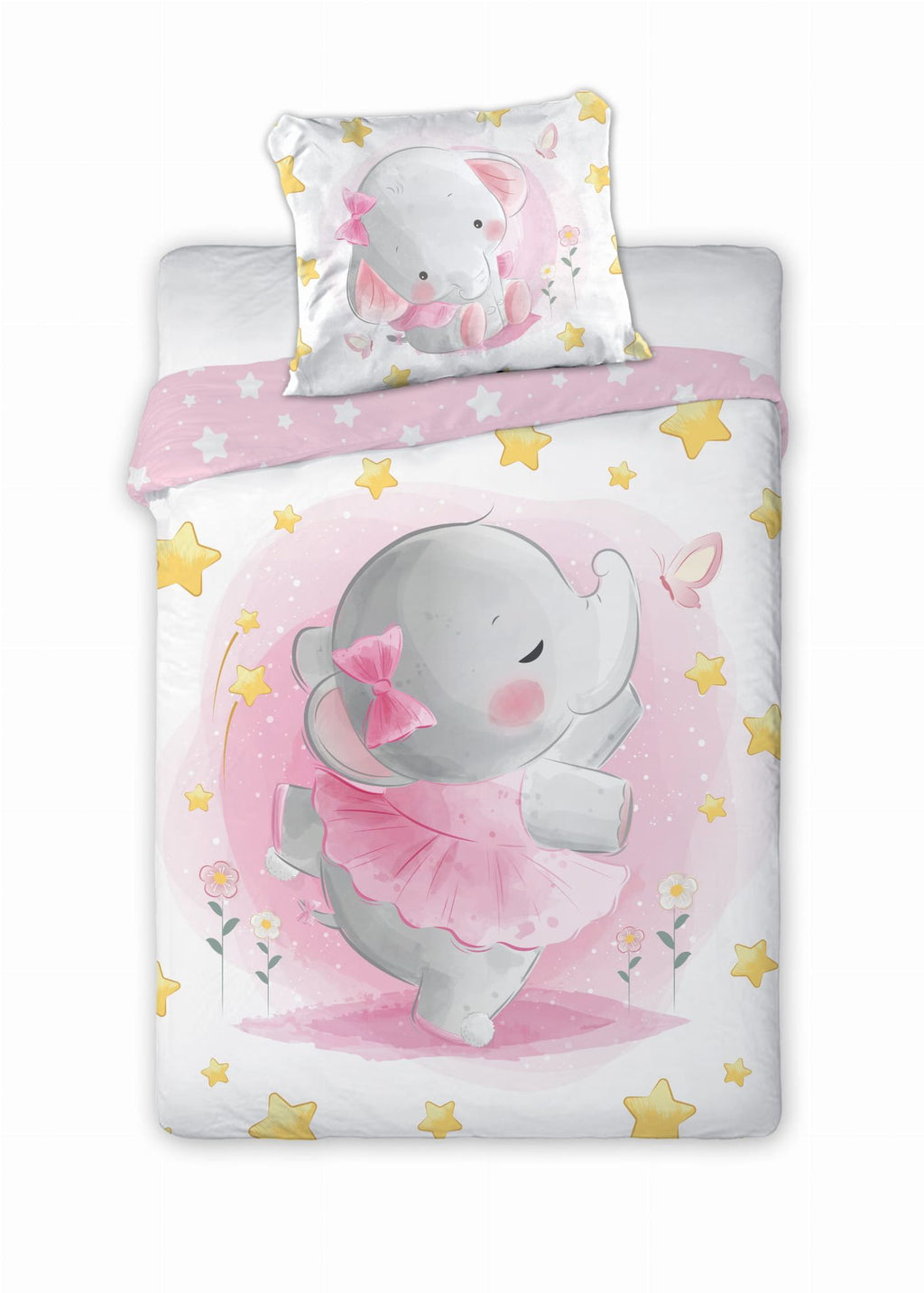 Baby Bettwäsche mit rosa Elefant 100x135 cm 100% Baumwolle Vorderseite und ein Teil der Rückseite.