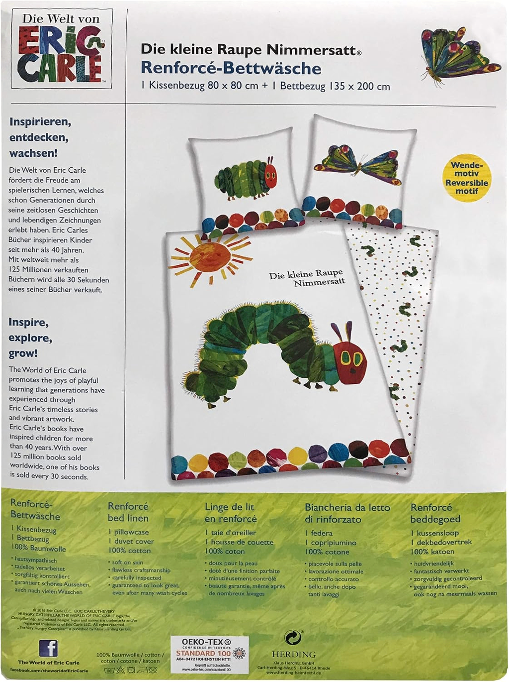 Rückseite von der Produktverpackung vom Raupe Nimmersatt Bettwäsche Set 2tlg 135 x 200 cm 80 x 80 cm Baumwolle