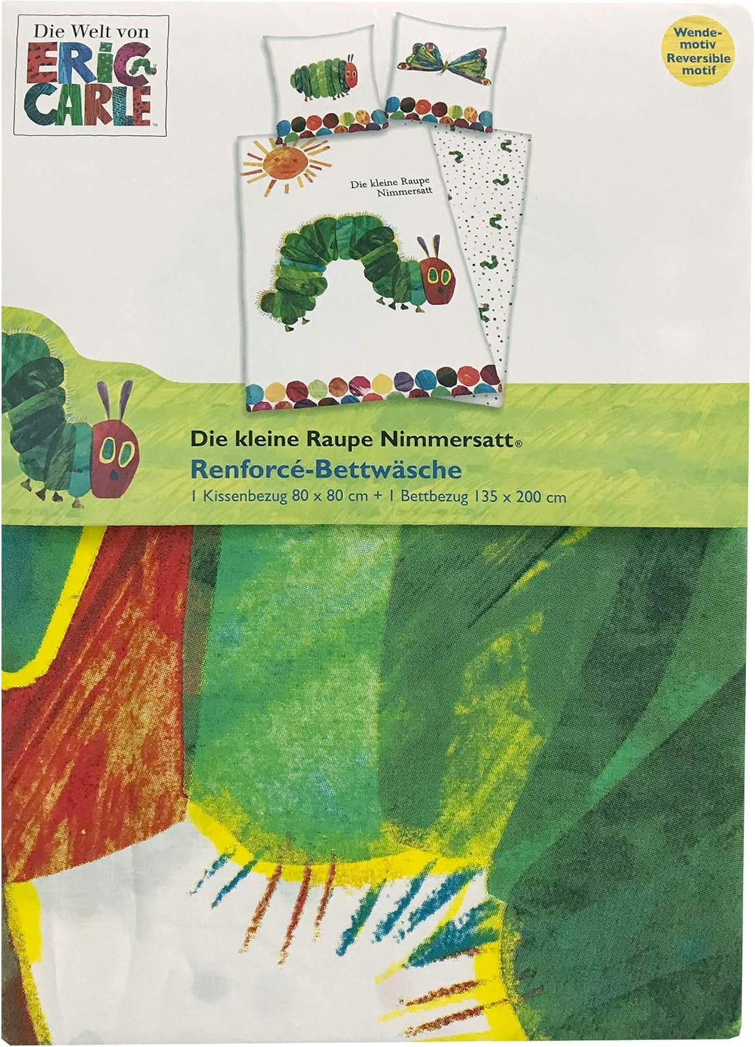 Vorderseite von der Produktverpackung vom Raupe Nimmersatt Bettwäsche Set 2tlg 135 x 200 cm 80 x 80 cm Baumwolle