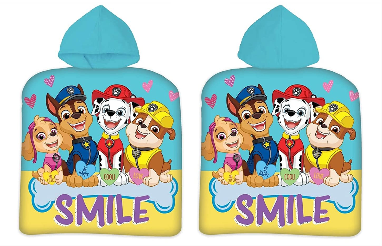Freigestellte Produktansicht vom Paw Patrol Badeponcho Kinder Poncho Kapuze 50x100 cm, 100% Baumwolle. Sichtbare Vorderseite und Rückseite.