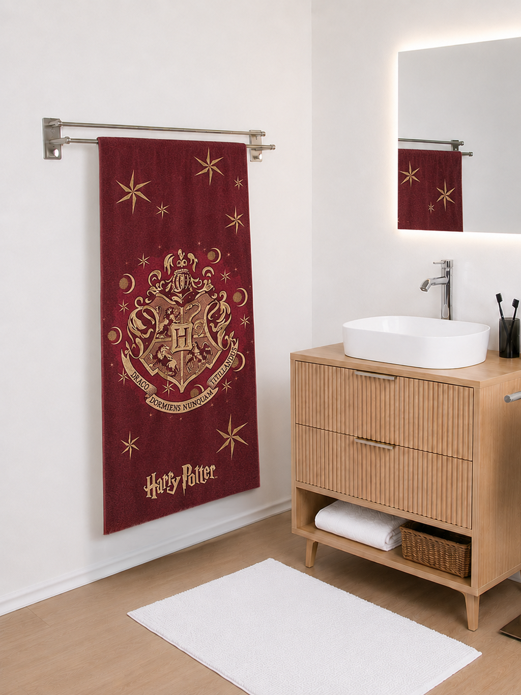 Ambiente Aufnahme vom Harry Potter Duschtuch Badetuch Strandtuch 70 x 140 cm Rot