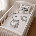 Schräge Ansicht ins Babybett mit Eule Baby Bettwäsche Wendebettwäsche 100x135 cm + 40x60 cm Baumwolle