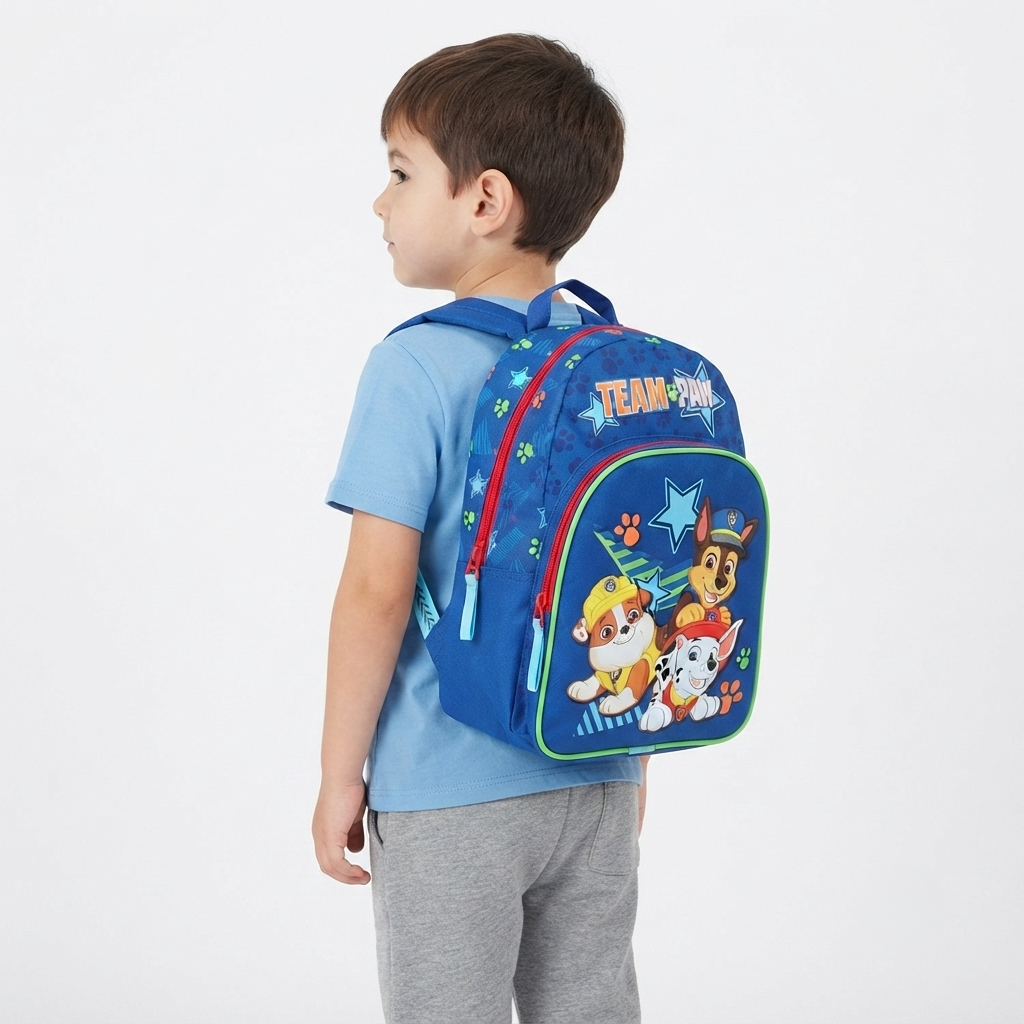 Paw Patrol Rucksack mit Vorderfach Kinderrucksack ca. 31 cm auf dem Rücken eines Jungen