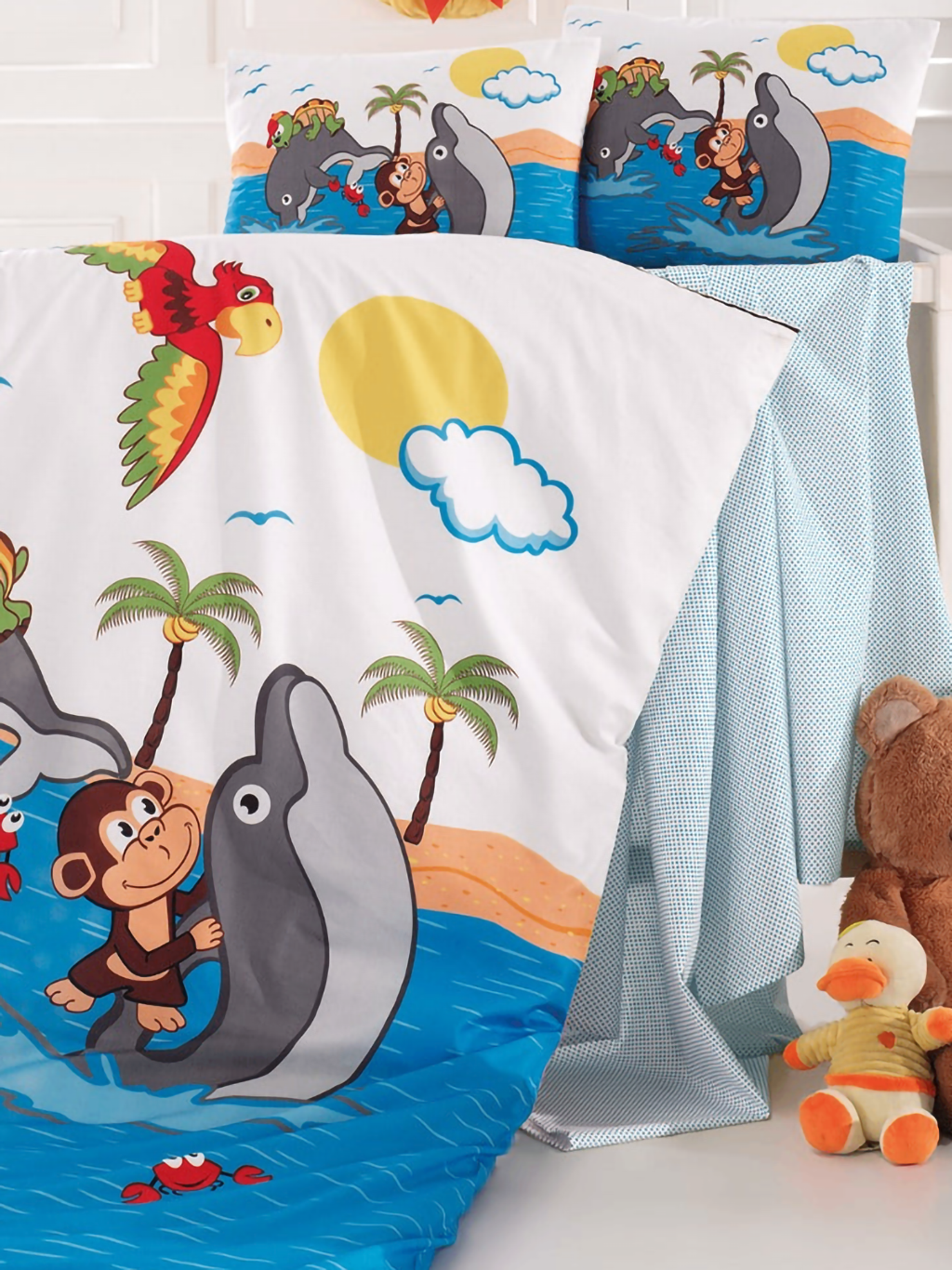 Nahaufnahme von Baby Bettwäsche Wendebettwäsche Delphin 100x135 cm / 100% Baumwolle