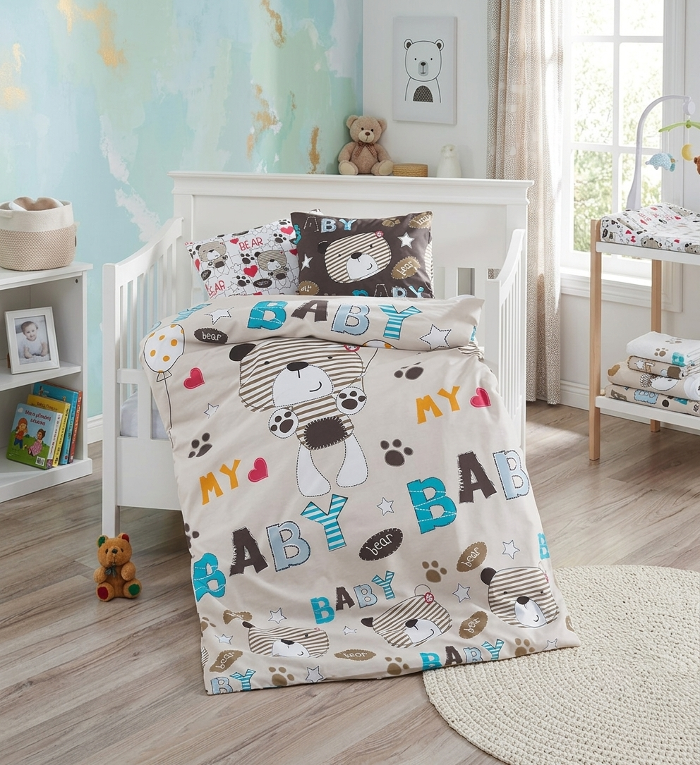 Studio-Aufnahme von Baby Bettwäsche Wendebettwäsche Baby Bär 100x135 cm / 100% Baumwolle in einem mediterranen Zimmer.