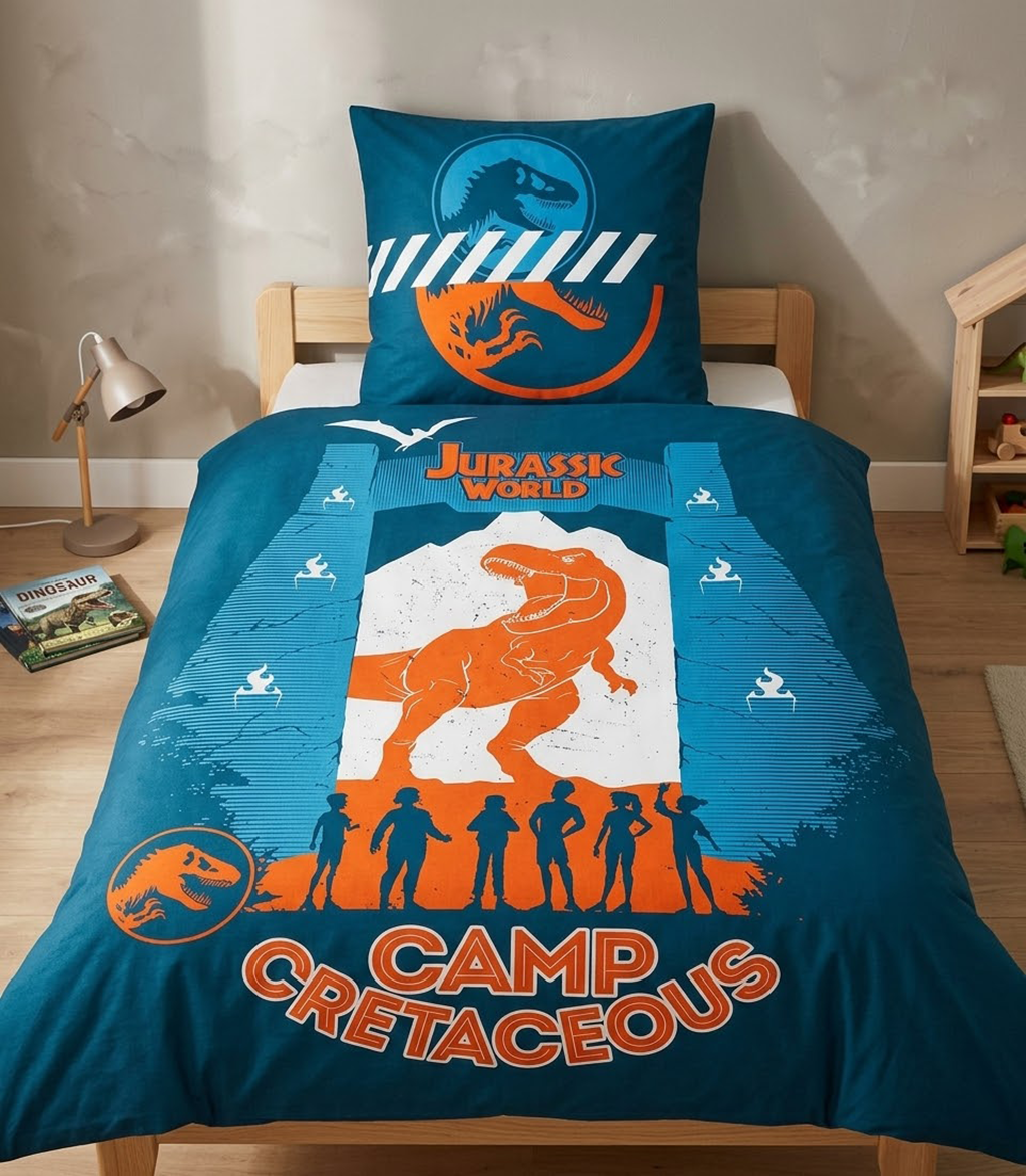 Ambiente Aufnahme vom Jurassic World T-Rex Dinosaurier Cretaceous Bettwäsche Set 135x200 cm in einem Bett