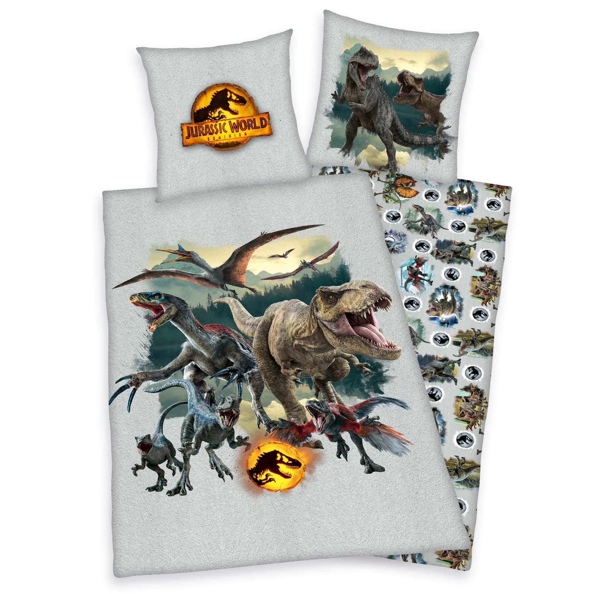 Jurassic World T-Rex Dinosaurier Wende Bettwäsche, 80 x 80 cm + 135 x 200 cm