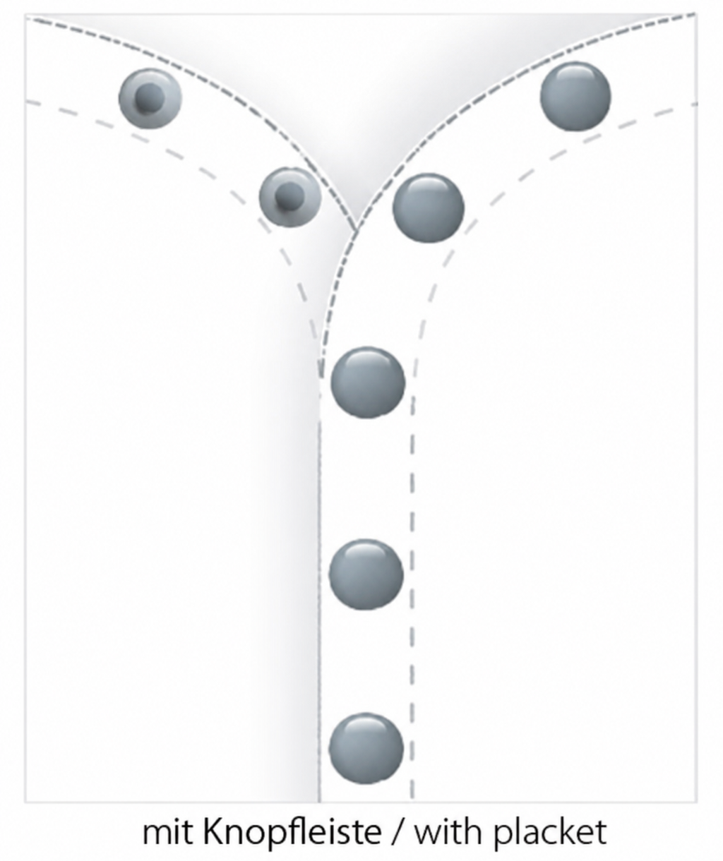 Eine grafische Darstellung einer Knopfleiste mit Knöpfen und gestrichelten Linien auf weißem Stoff, beschriftet mit "mit Knopfleiste / with placket".