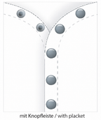 Eine grafische Darstellung einer Knopfleiste mit Knöpfen und gestrichelten Linien auf weißem Stoff, beschriftet mit "mit Knopfleiste / with placket".