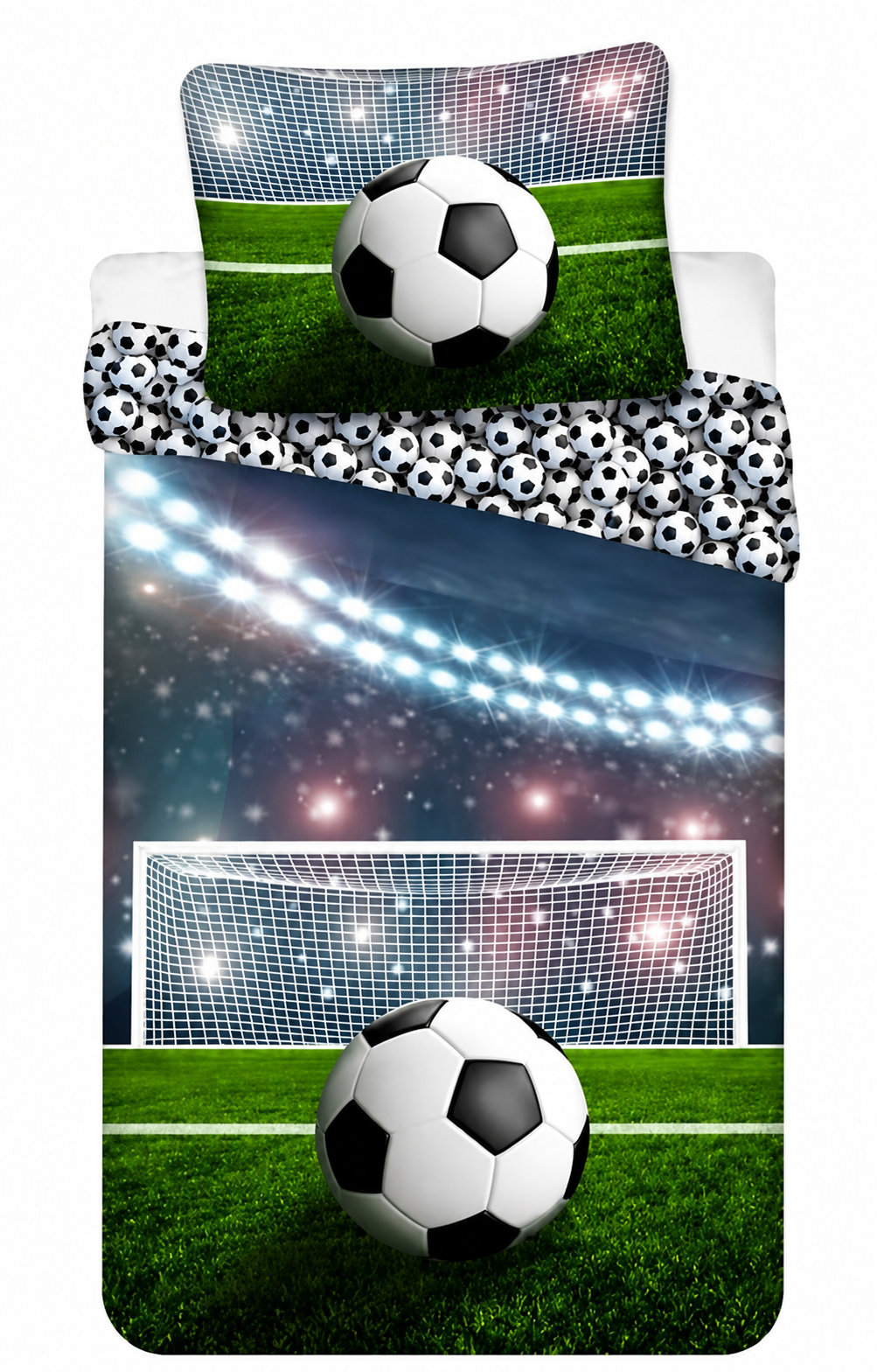 Freigestelltes Produktbild von Bettwäsche Fußball Kissenbezug 80 x 80 cm und Bettbezug 135 x 200 cm, 100 % Baumwolle