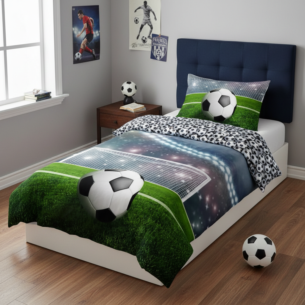 Bettwäsche Fußball Kissenbezug 80 x 80 cm und Bettbezug 135 x 200 cm, 100 % Baumwolle aufgezogen auf einem Bett