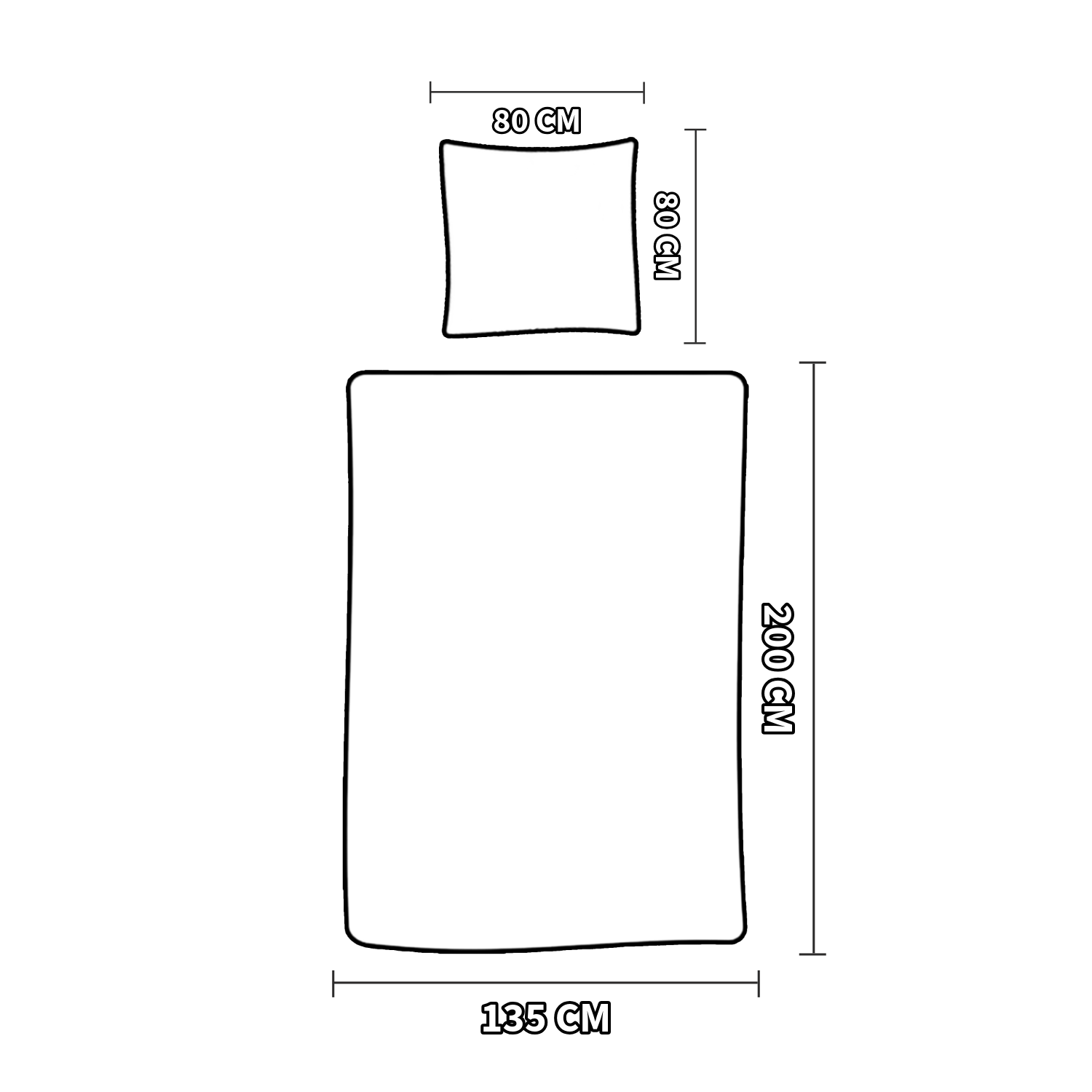 Draufsicht einer Maßskizze mit Kissen 80×80 cm und Decke 135×200 cm. Weiße Formen auf dunklem Hintergrund.