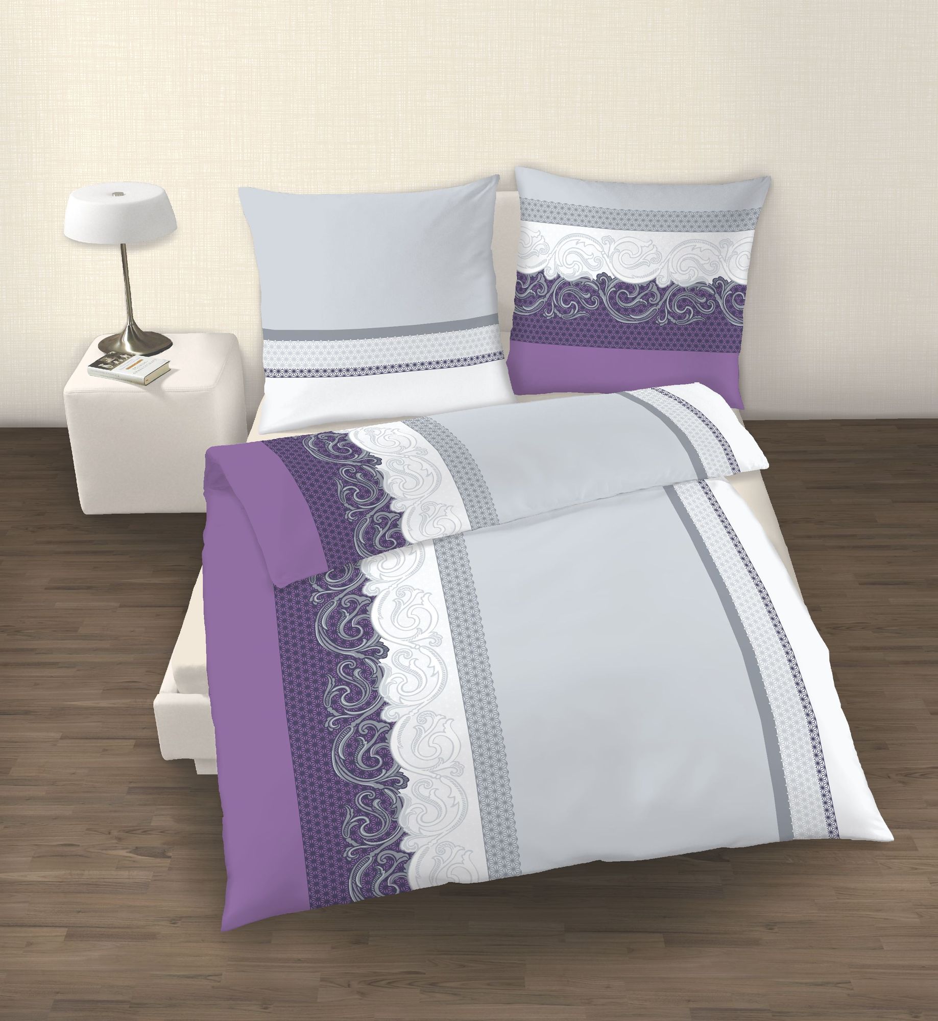 Fein-Biber Bettwäsche 2 tlg. silber violett 155x220 cm (80x80 cm)  Übergröße