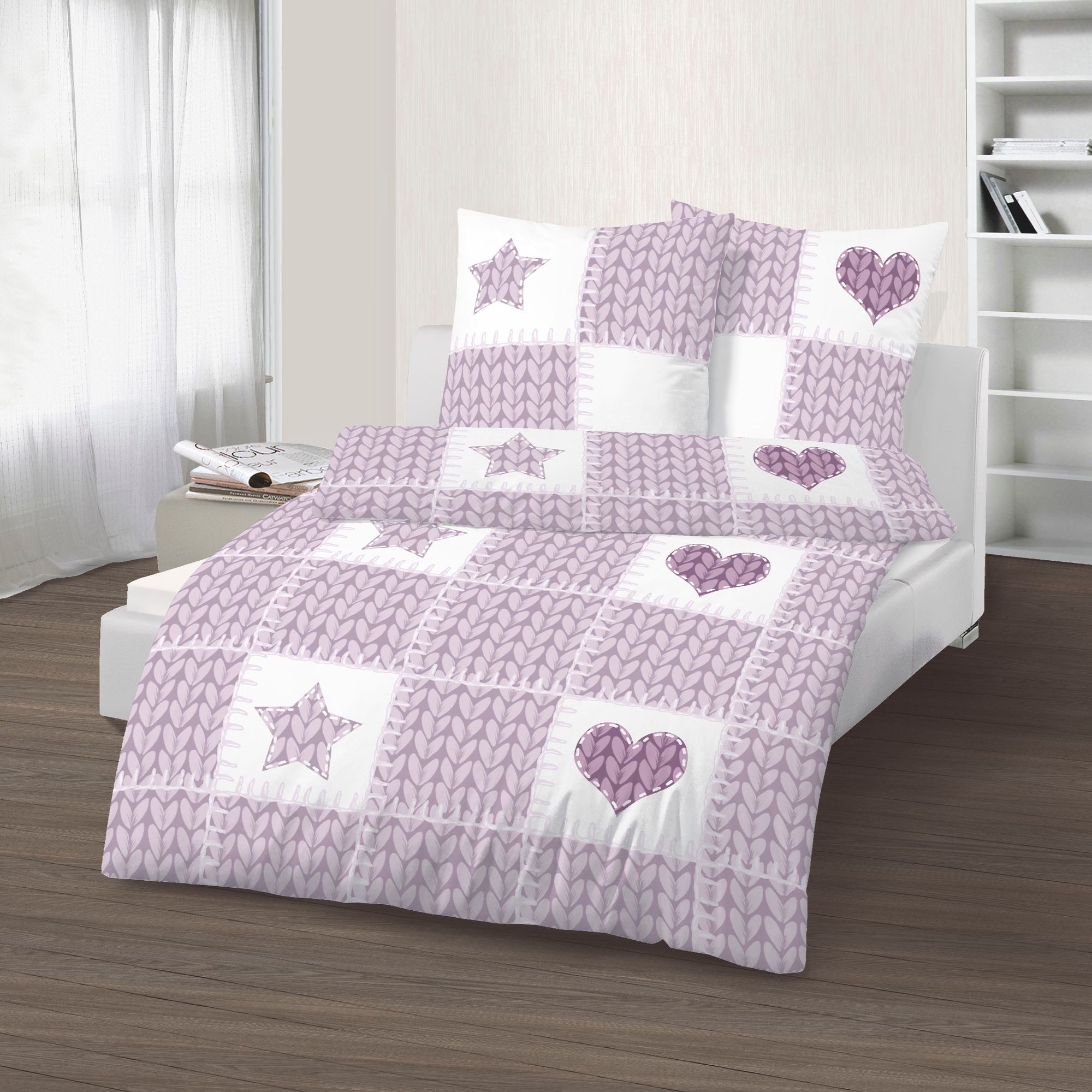 Fein Biber Bettwäsche Violett weiß 135 x 200 cm  80 x 80 cm