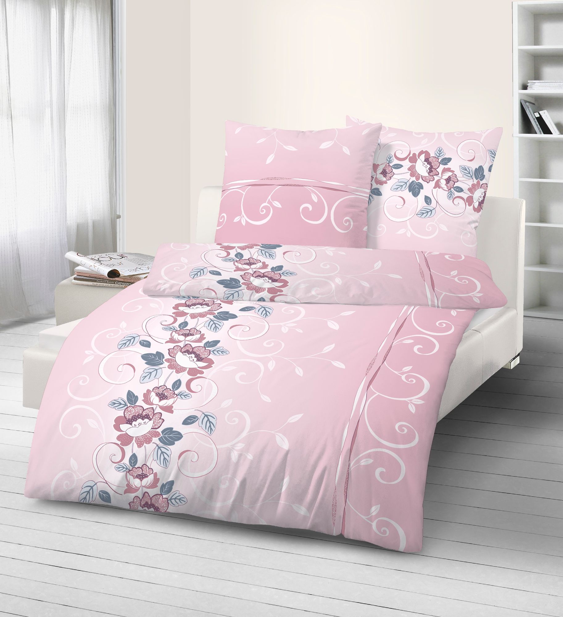 Fein Biber Bettwäsche Blumenranke rosa 135 x 200 cm  80 x 80 cm
