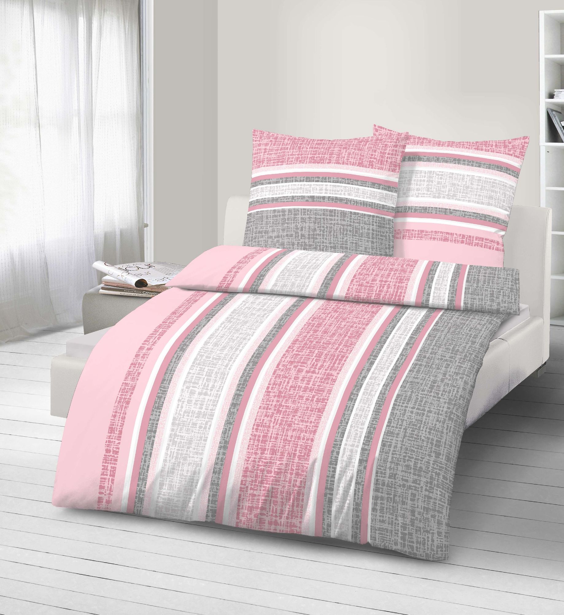 Fein-Biber Bettwäsche 2 tlg. silber rosa 155x220 cm (80x80 cm)  Übergröße