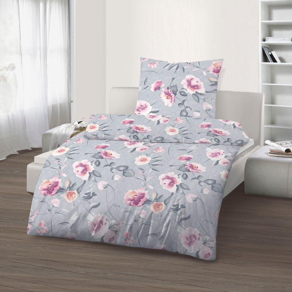Fein Biber Bettwäsche silber mit Blumen 155 x 220 cm Übergröße