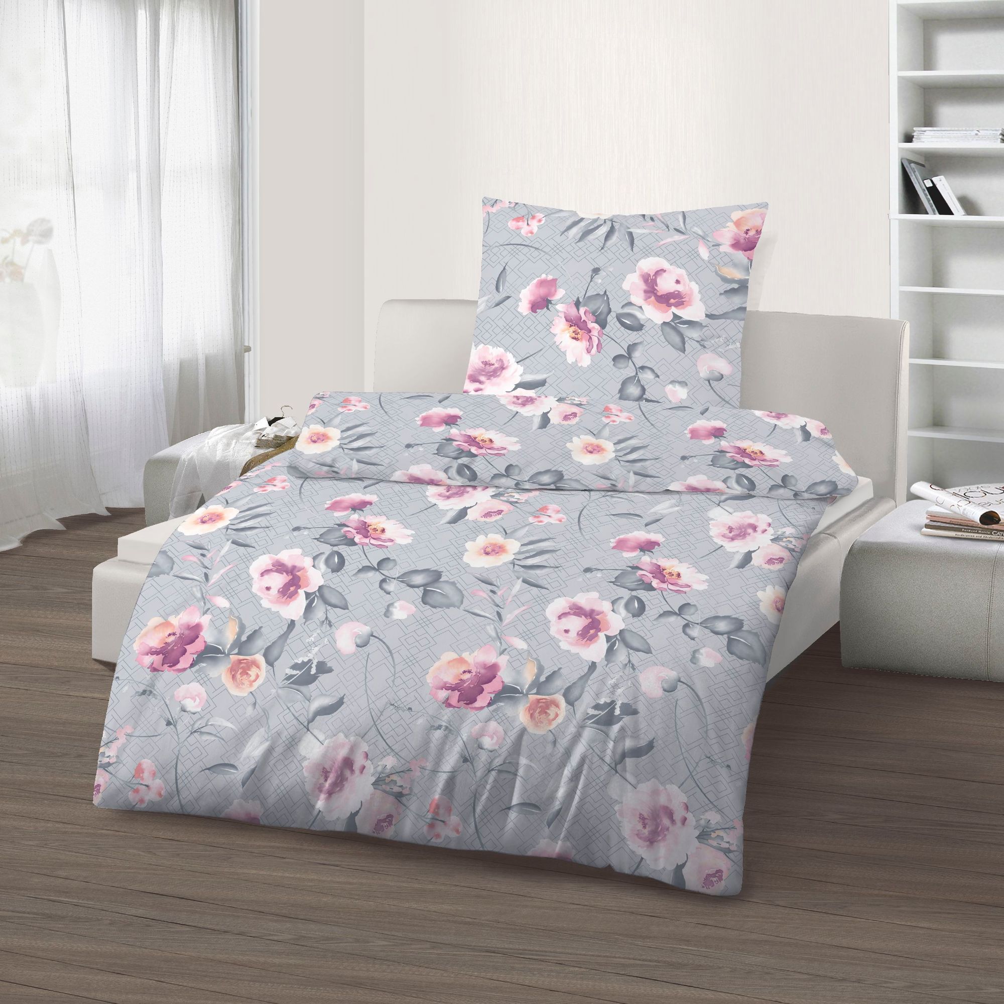 Fein Biber Bettwäsche silber mit Blumen 155 x 220 cm Übergröße