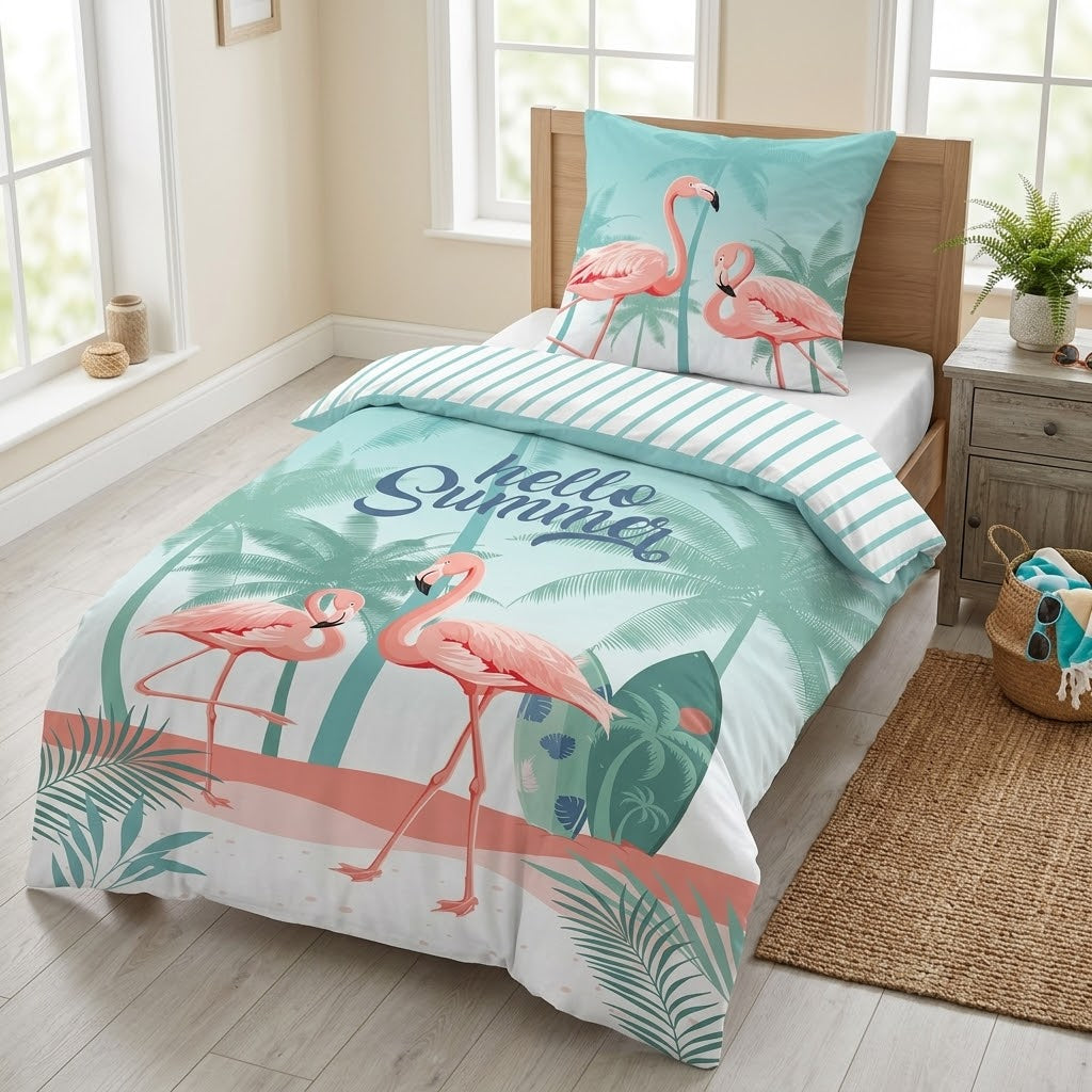 Ambiente Aufnahme vom Wende Bettwäsche Set mit Flamingo 135x200 cm + 80x80 cm 100% Baumwolle in einem Bett