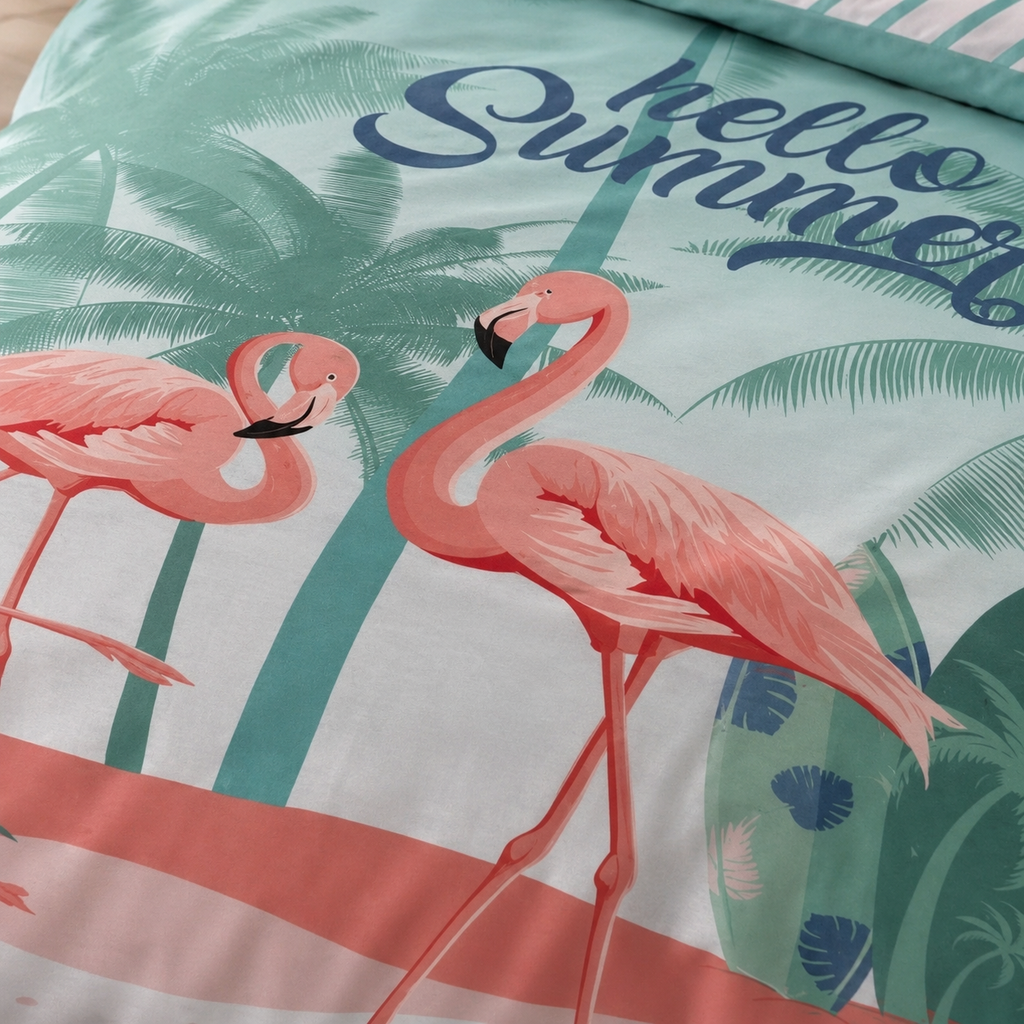 Detailaufnahme des Motivs vom Wende Bettwäsche Set mit Flamingo 135x200 cm + 80x80 cm 100% Baumwolle