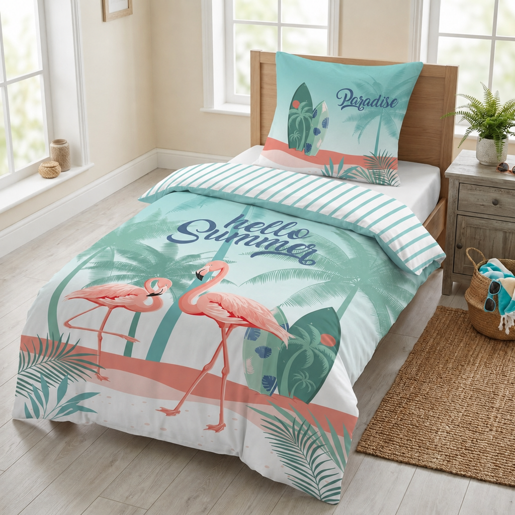 Ambiente Aufnahme vom Wende Bettwäsche Set mit Flamingo 135x200 cm + 80x80 cm 100% Baumwolle in einem Bett