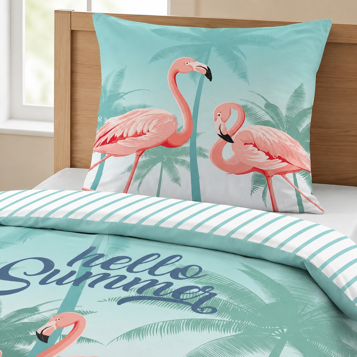 Aufnahme des Kopfkissens und umgeschlagenen Bettbezugs vom Wende Bettwäsche Set mit Flamingo 135x200 cm + 80x80 cm 100% Baumwolle