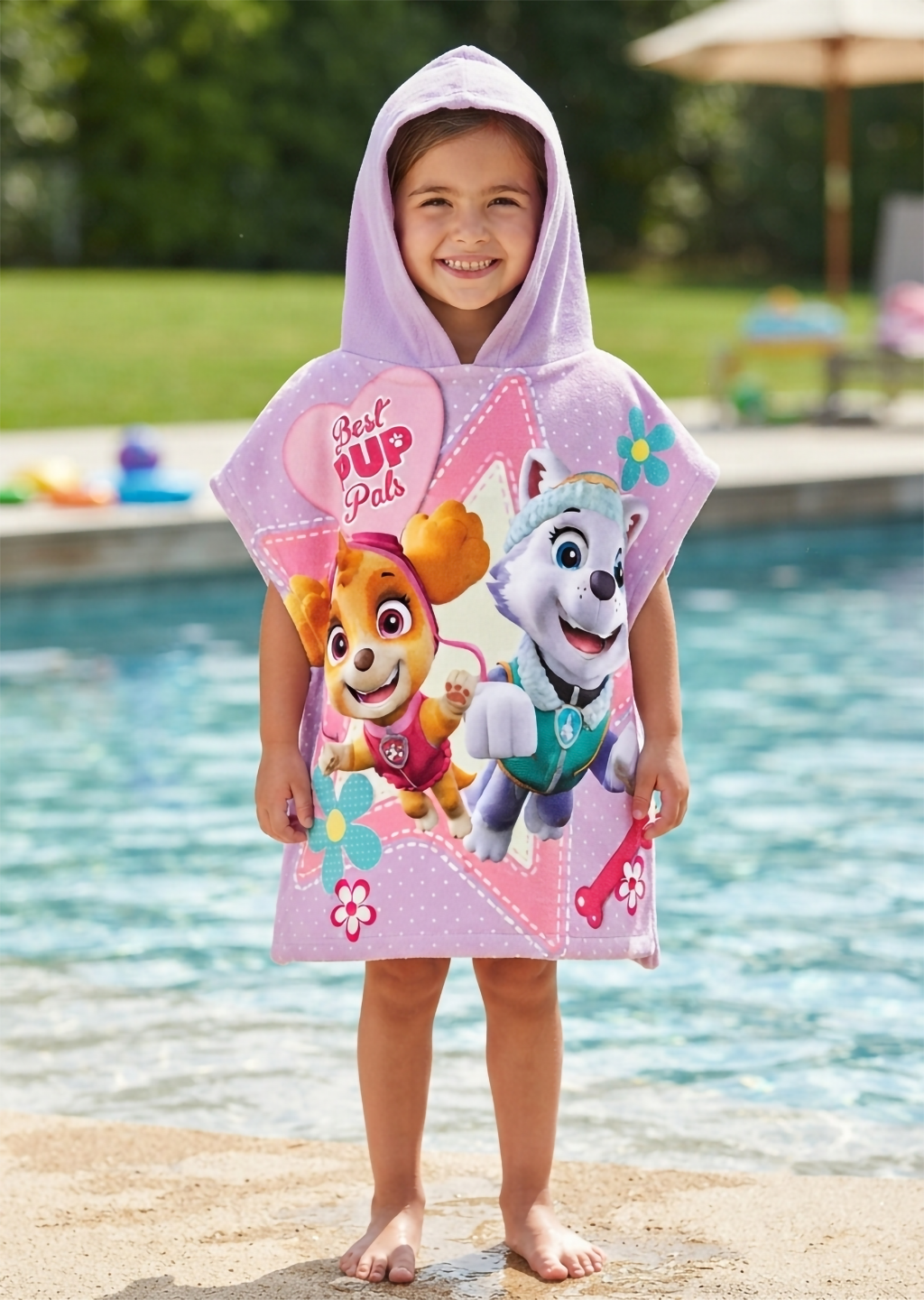 Paw Patrol Kinder Poncho Kapuze Girls 50x100cm / 100% Baumwolle von einem Mädchen vor einem Pool getragen.