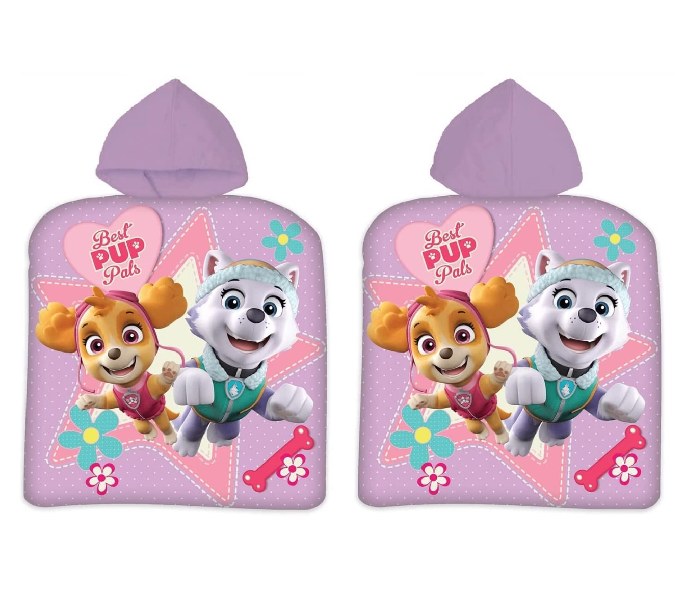 Freigestellte Vorderseite und Rückseite von Paw Patrol Kinder Poncho Kapuze Girls 50x100cm / 100% Baumwolle