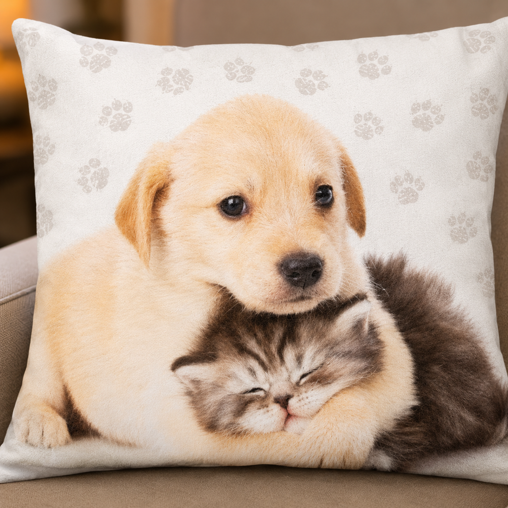 Cushion, cuddly cushion, decorative cushion with dog and cat, 40 x 40 cm