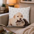 Cushion, cuddly cushion, decorative cushion with dog and cat, 40 x 40 cm