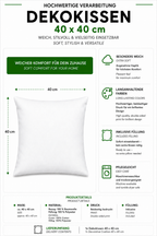 Eine informative Produktgrafik für ein Dekokissen in der Größe von 40 x 40 cm mit einem Bezug aus 100 % Baumwolle und einer Füllung aus 100 % Polyester, inklusive Details zu Eigenschaften wie weichem Komfort, beidseitigem Druck und Pflegeleichtigkeit.