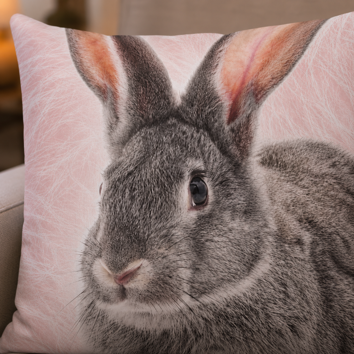 Nahaufnahme vom Kissen Kuschelkissen Dekokissen mit Hase Kaninchen 40 x 40 cm