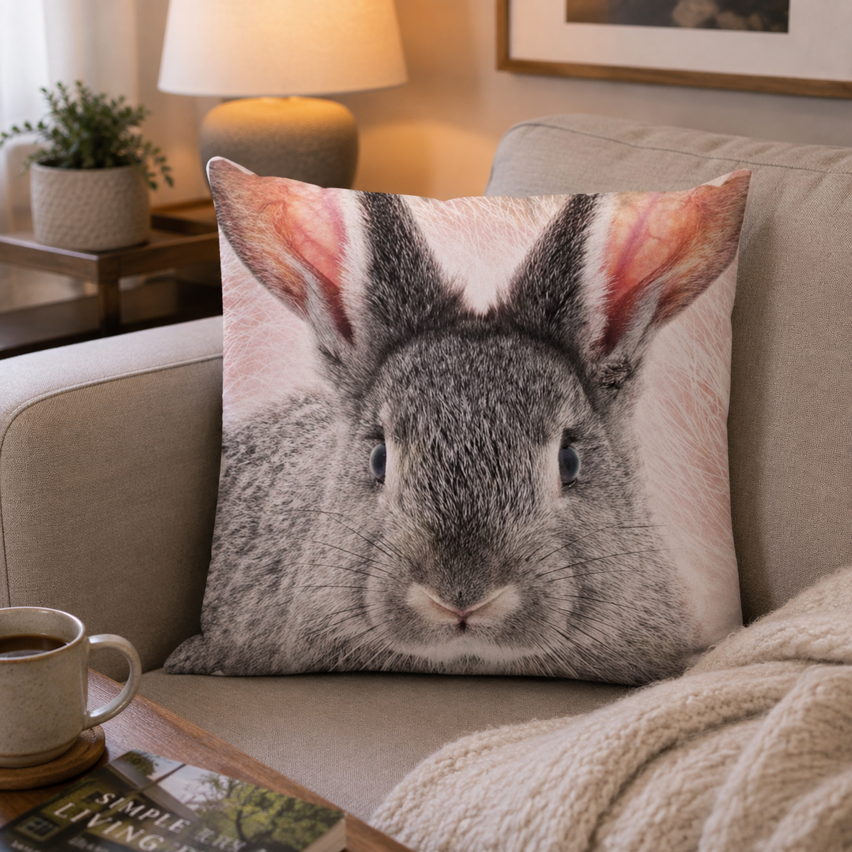 Ambiente Aufnahme von der Rückseite vom Kissen Kuschelkissen Dekokissen mit Hase Kaninchen 40 x 40 cm auf einer Couch.