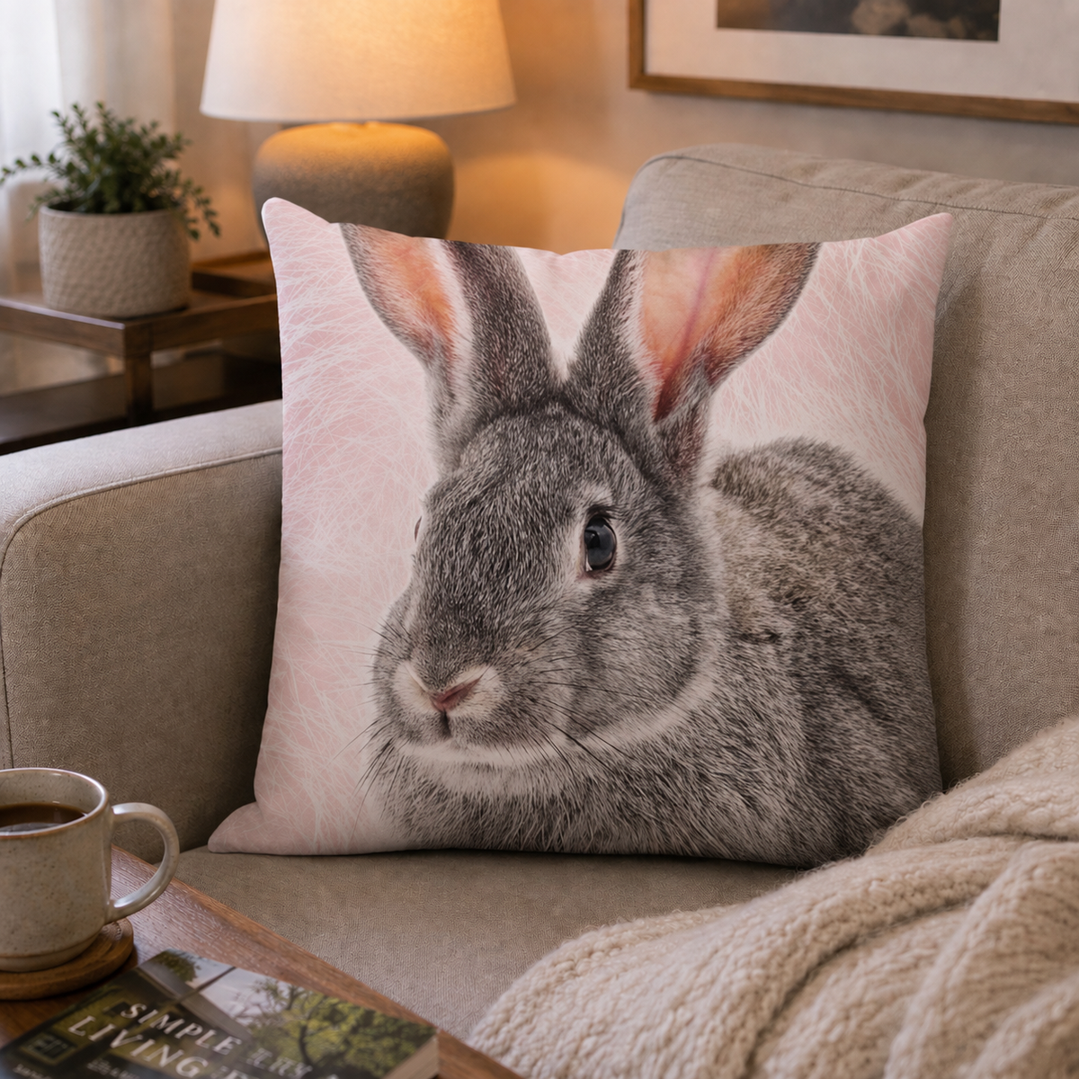 Ambiente Aufnahme von der Vorderseite vom Kissen Kuschelkissen Dekokissen mit Hase Kaninchen 40 x 40 cm auf einer Couch.