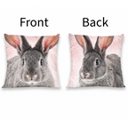 Freigestellte Produktansicht vom Kissen Kuschelkissen Dekokissen mit Hase Kaninchen 40 x 40 cm mit Beschriftung "Front" & "Back"