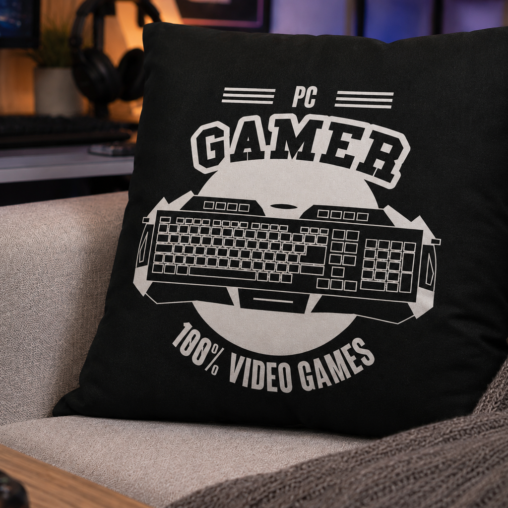 Ambiente Aufnahme von der Vorderseite vom Kissen Kuschelkissen Dekokissen Gamer 40 x 40 cm auf einer Couch