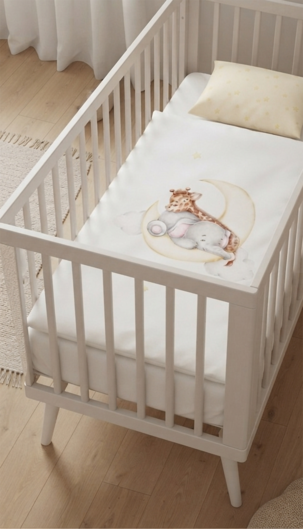 Schräge Ansicht auf ein Babybett mit Babybettwäsche Set Sleeping on The Moon 100x135 cm / 100% Baumwolle