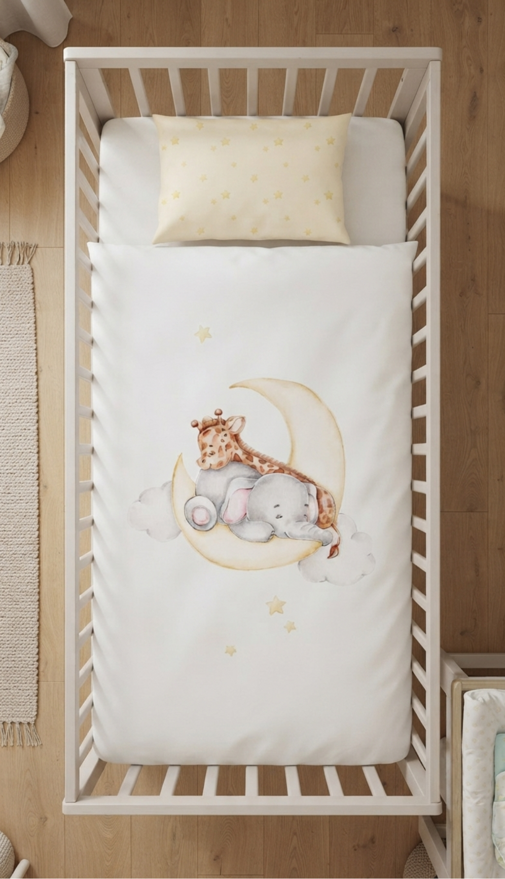 Ansicht von oben auf die Vorderseite vom Babybettwäsche Set Sleeping on The Moon 100x135 cm / 100% Baumwolle