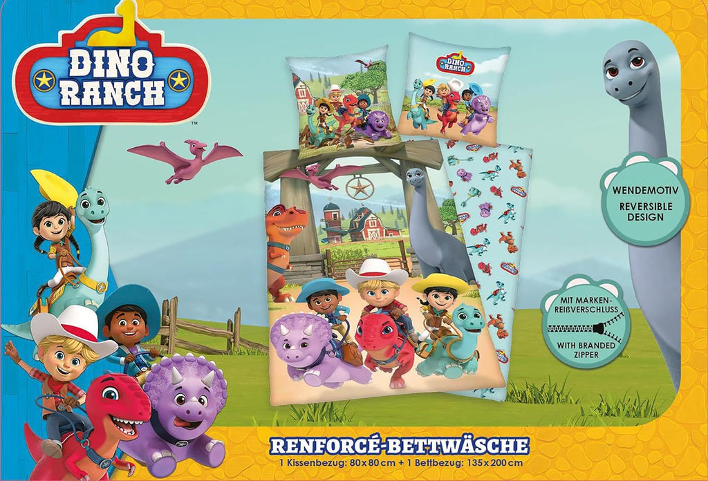 Vorderseite von der Produktverpackung vom Dino Ranch Wende Bettwäsche Set 2tlg 135 x 200 cm 80 x 80 cm Baumwolle