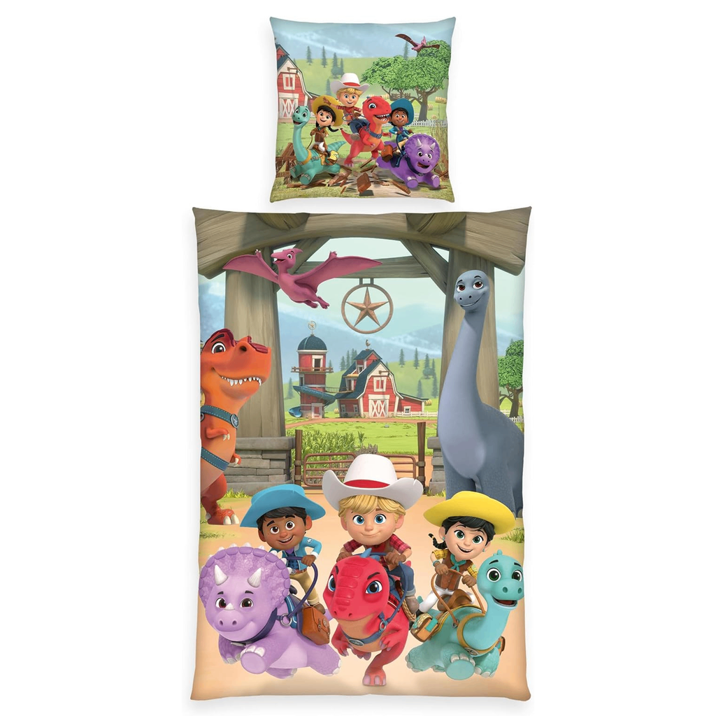Freigestellte Produktansicht von der Vorderseite vom Dino Ranch Wende Bettwäsche Set 2tlg 135 x 200 cm 80 x 80 cm Baumwolle