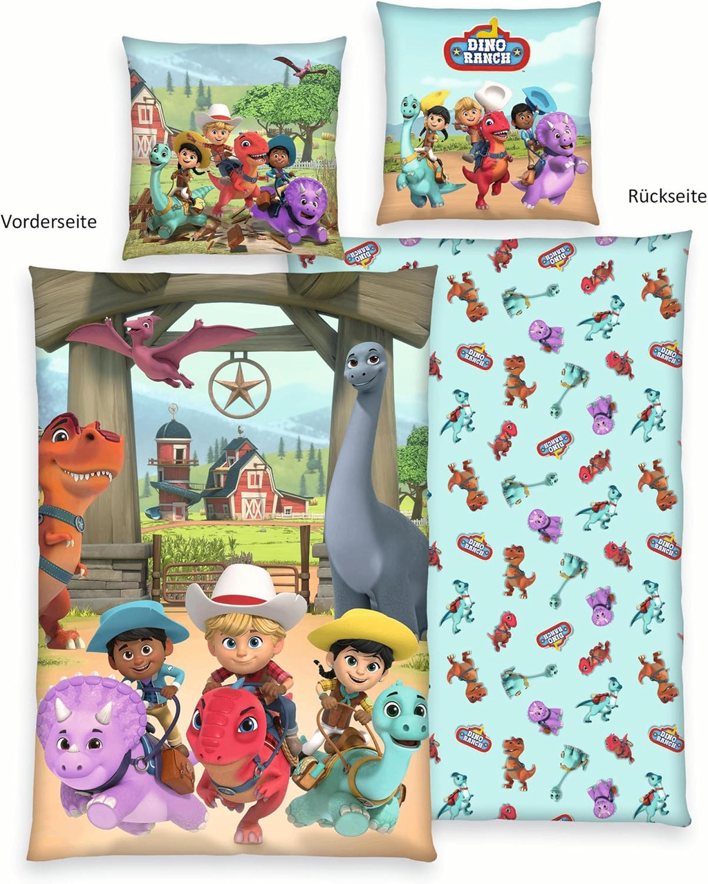 Freigestellte Produktansicht von der Vorderseite und Rückseite vom Dino Ranch Wende Bettwäsche Set 2tlg 135 x 200 cm 80 x 80 cm Baumwolle