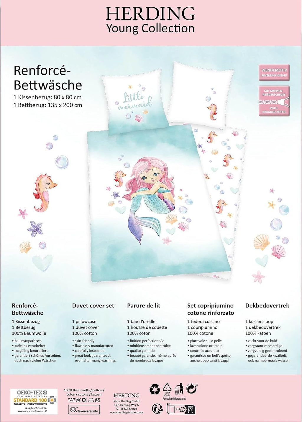 Rückseite der Produktverpackung vom Bettwäsche Set Meerjungfrau 135 x 200 cm + 80 x 80 cm 100% Baumwolle