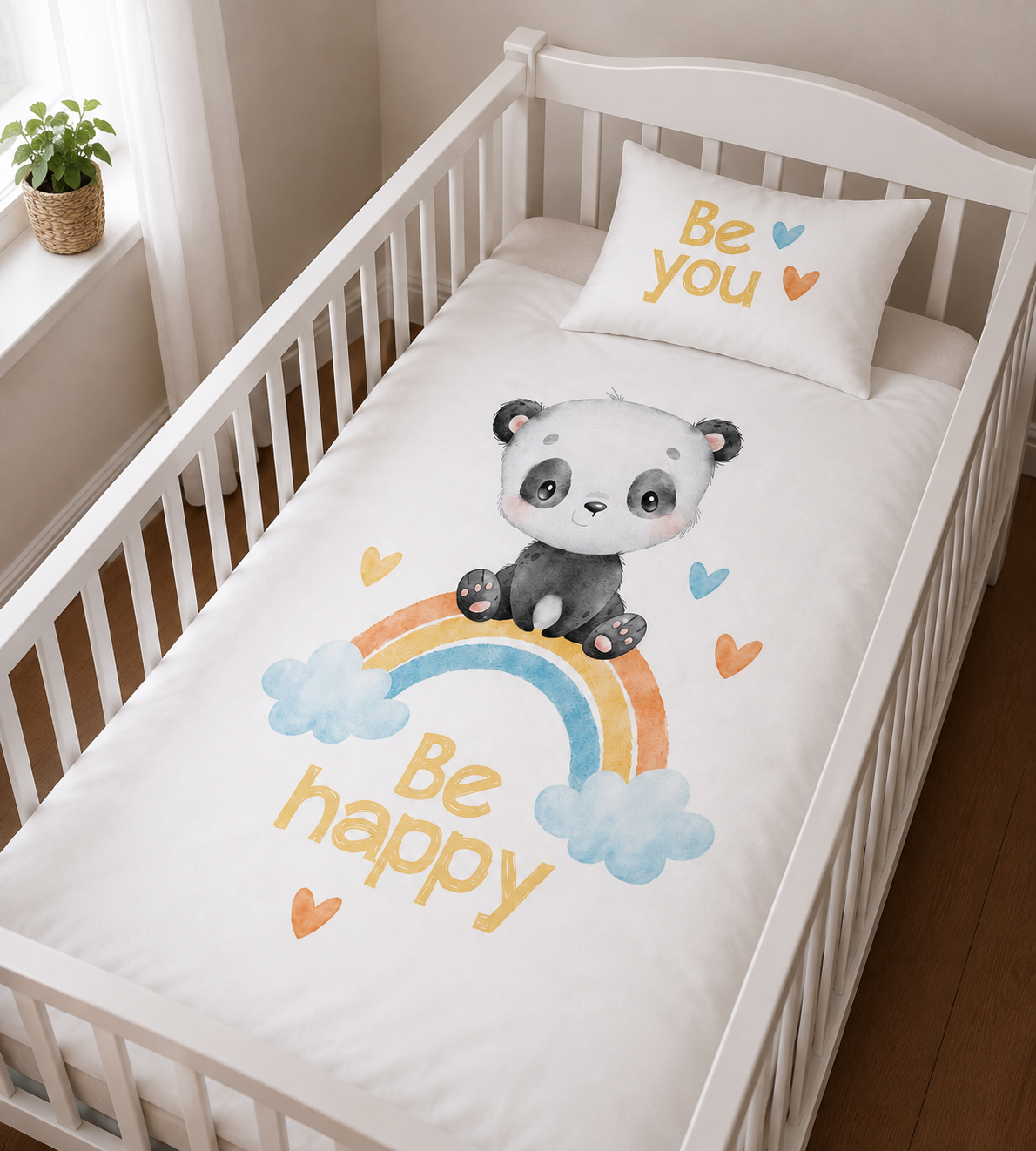 Baby Bettwäsche Panda Regenbogen 100x135 cm / 40x60 cm 100% Baumwolle in einem Babybett. Schräge Ansicht ins Babybett.