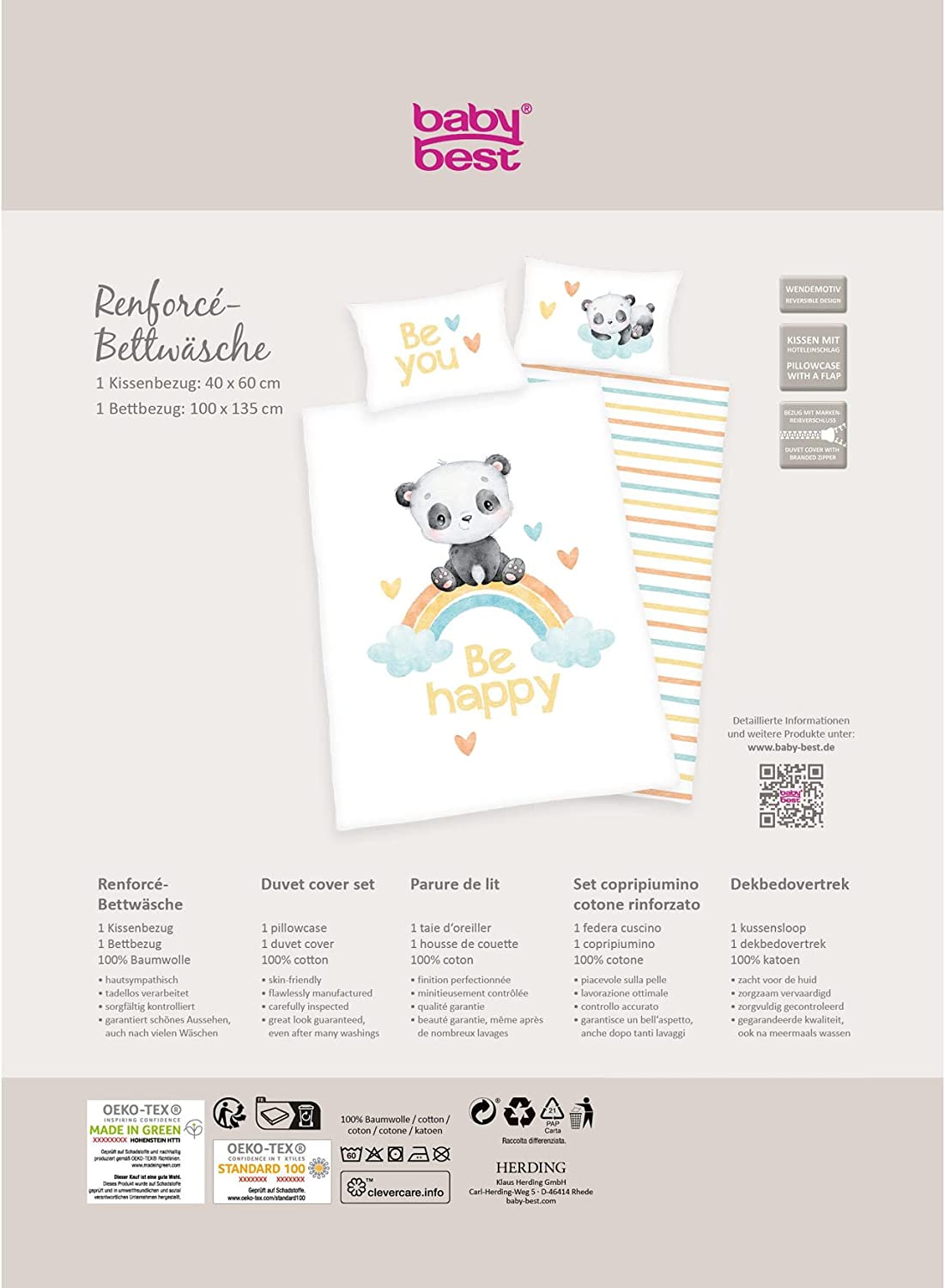 Baby Bettwäsche Panda Regenbogen 100x135cm 40x60cm