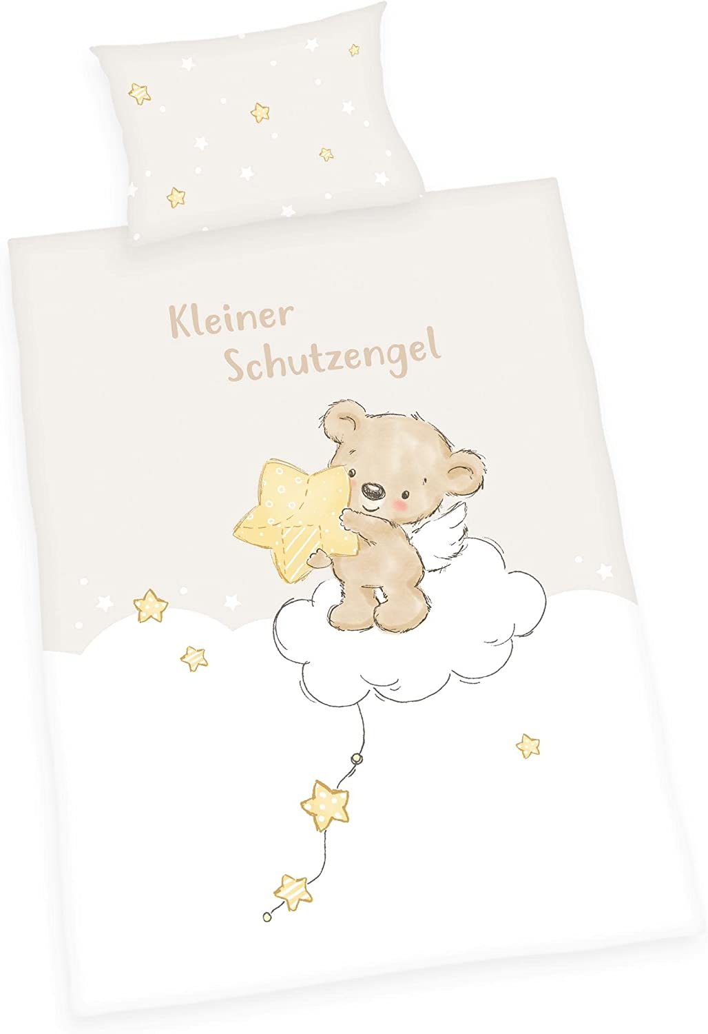 Kleiner Schutzengel Baby Bettwäsche 100 x 135 cm 40 x 60 cm Baumwolle Vorderseite des Motivs. Ein Bär steht auf einer Wolke und hält einen Stern in der Hand. Er ist von kleinen Sternen umgeben. "Kleiner Schutzengel" Schriftzug