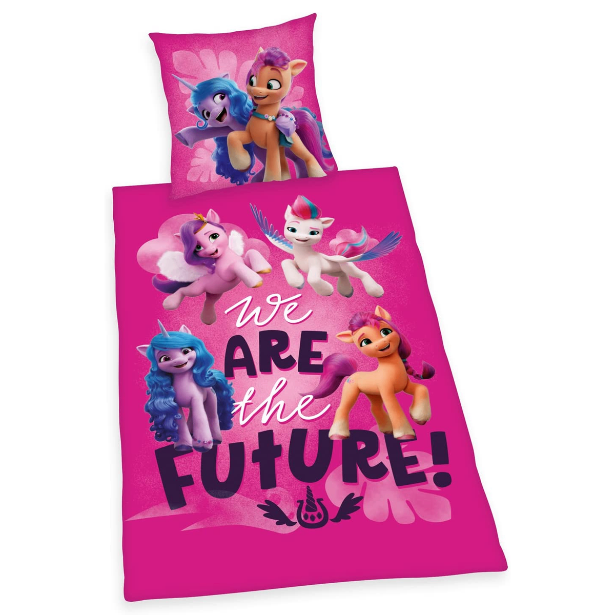 Freigestellte Produktansicht der Vorderseite von der My Little Pony Einhorn Bettwäsche 135x200 + 80x80 cm 100% Baumwolle