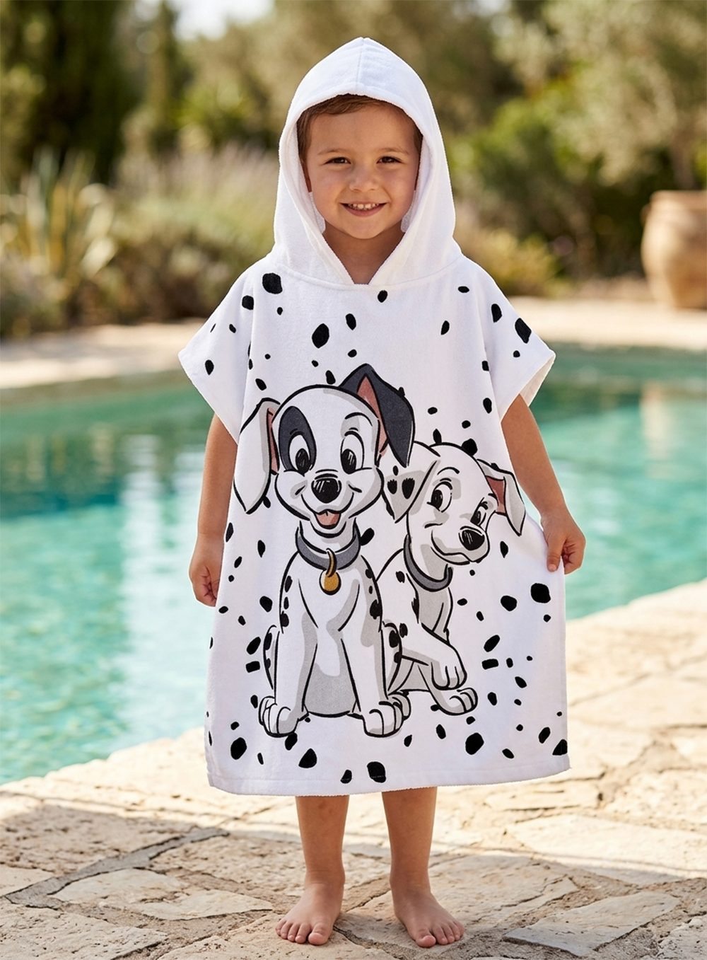 Junge trägt einen Disney 101 Dalmatiner Badeponcho mit Kapuze 50x115 cm, 100% Baumwolle und zeigt die Vorderseite vom Poncho. Im Hintergrund ist ein Pool.