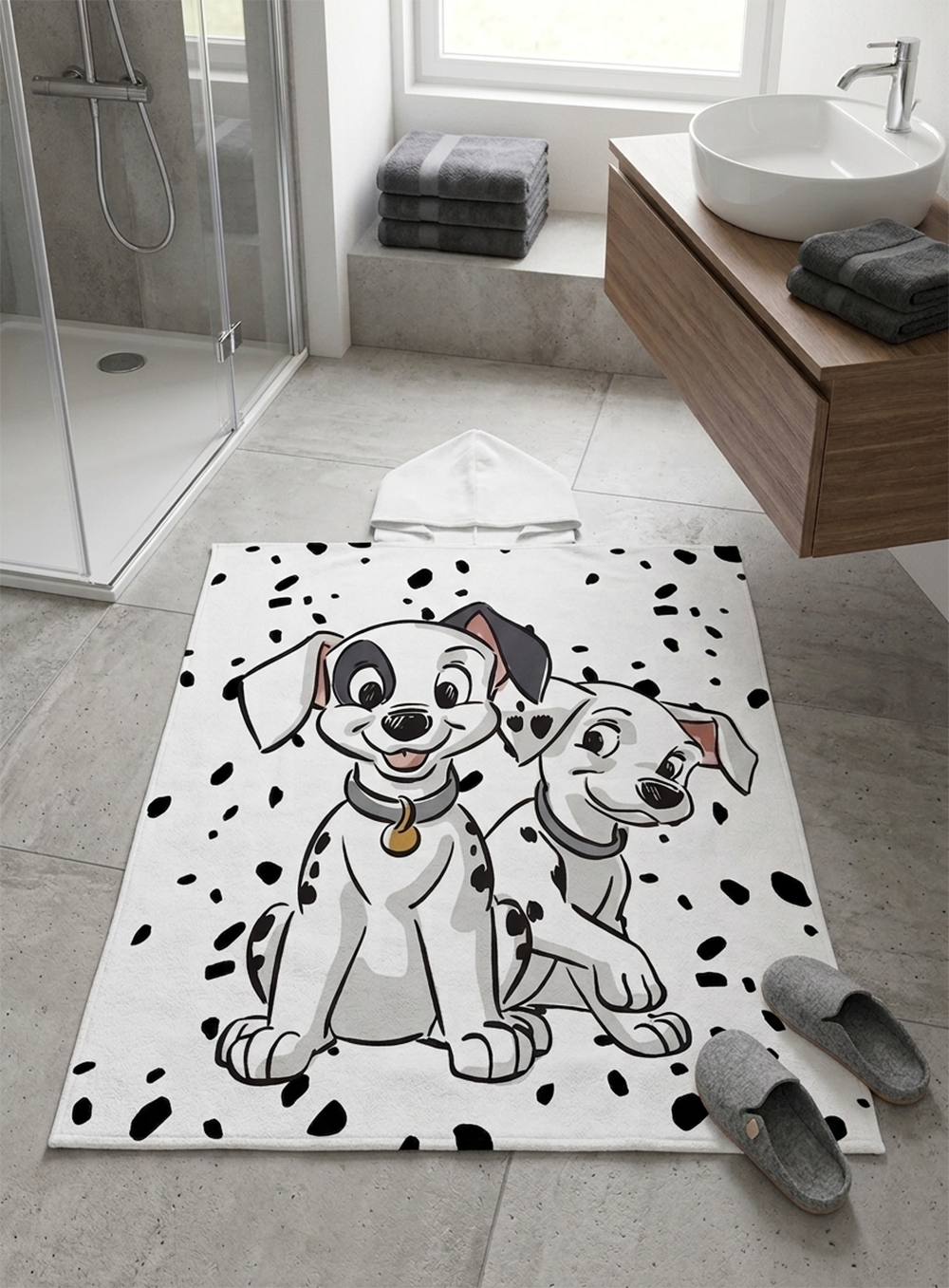 Disney 101 Dalmatiner Badeponcho mit Kapuze 50x115 cm, 100% Baumwolle liegend auf einem Badezimmerboden.